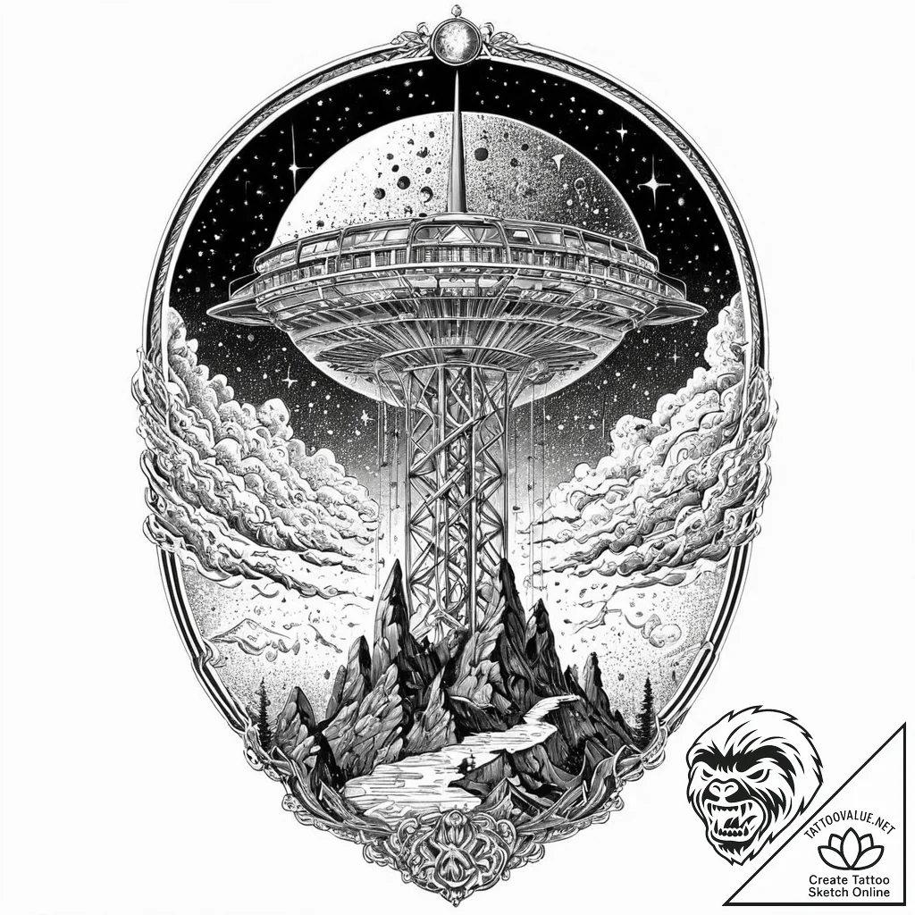 Space elevator ascending into a stormy, orbit... - tattoo sketch (№1753697320_0, 28.07.2025 10:08) — tattoovalue.net