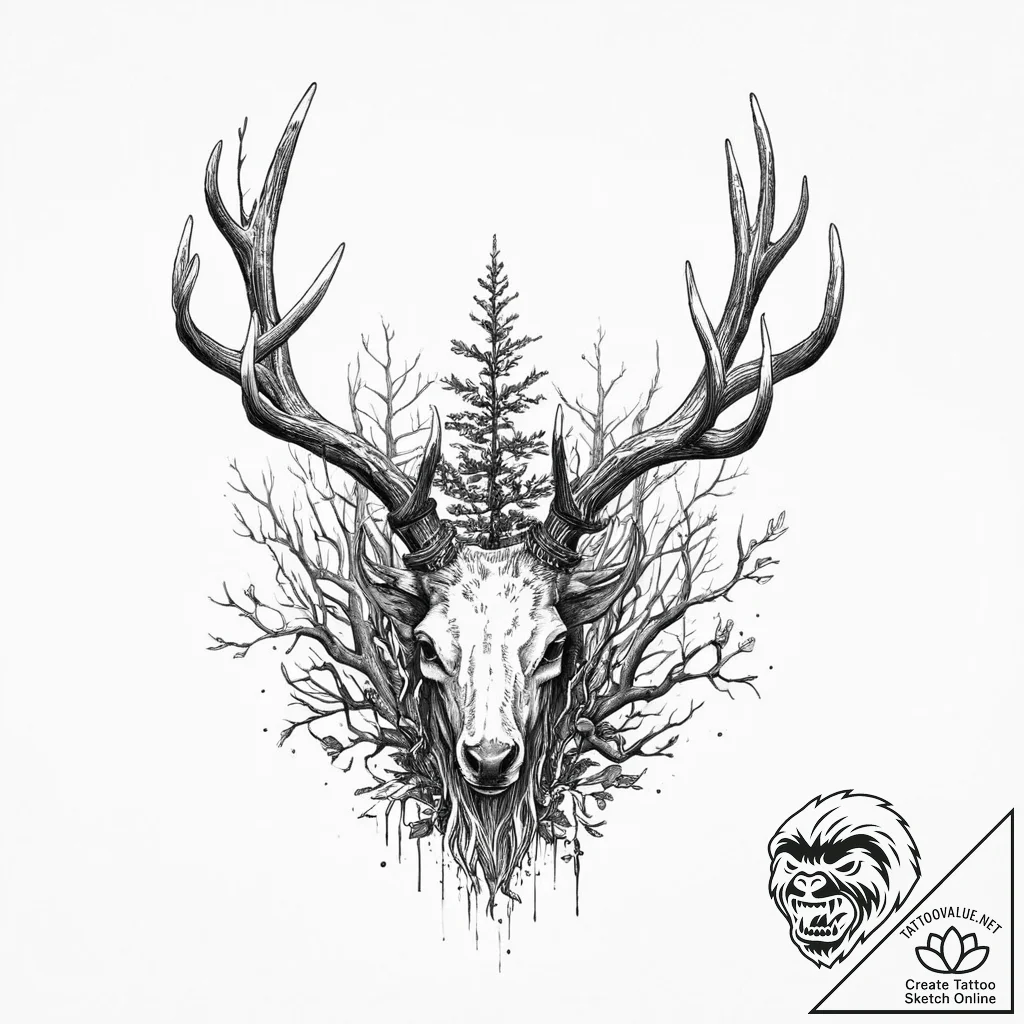 Antler growing into a gnarled, leafless tree,... - tattoo sketch (№1753698127_0, 28.07.2025 10:22) — tattoovalue.net
