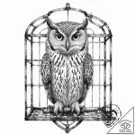 Owl perched on rusted cage, artistic tattoo s… – tattoo sketch (№1753698731_0, 28.07.2025 10:32) — tattoovalue.net