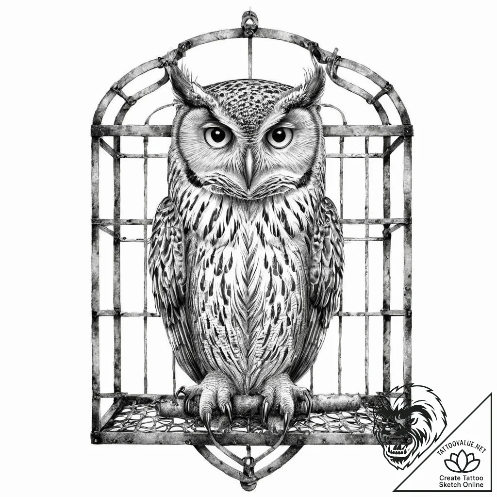 Owl perched on rusted cage, artistic tattoo s... - tattoo sketch (№1753698731_0, 28.07.2025 10:32) — tattoovalue.net