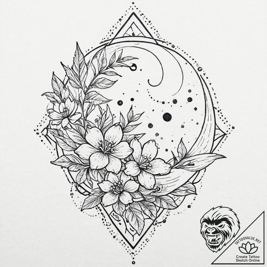 Night-blooming jasmine under a full moon, tat... - tattoo sketch (№1753700879_0, 28.07.2025 11:07) — tattoovalue.net