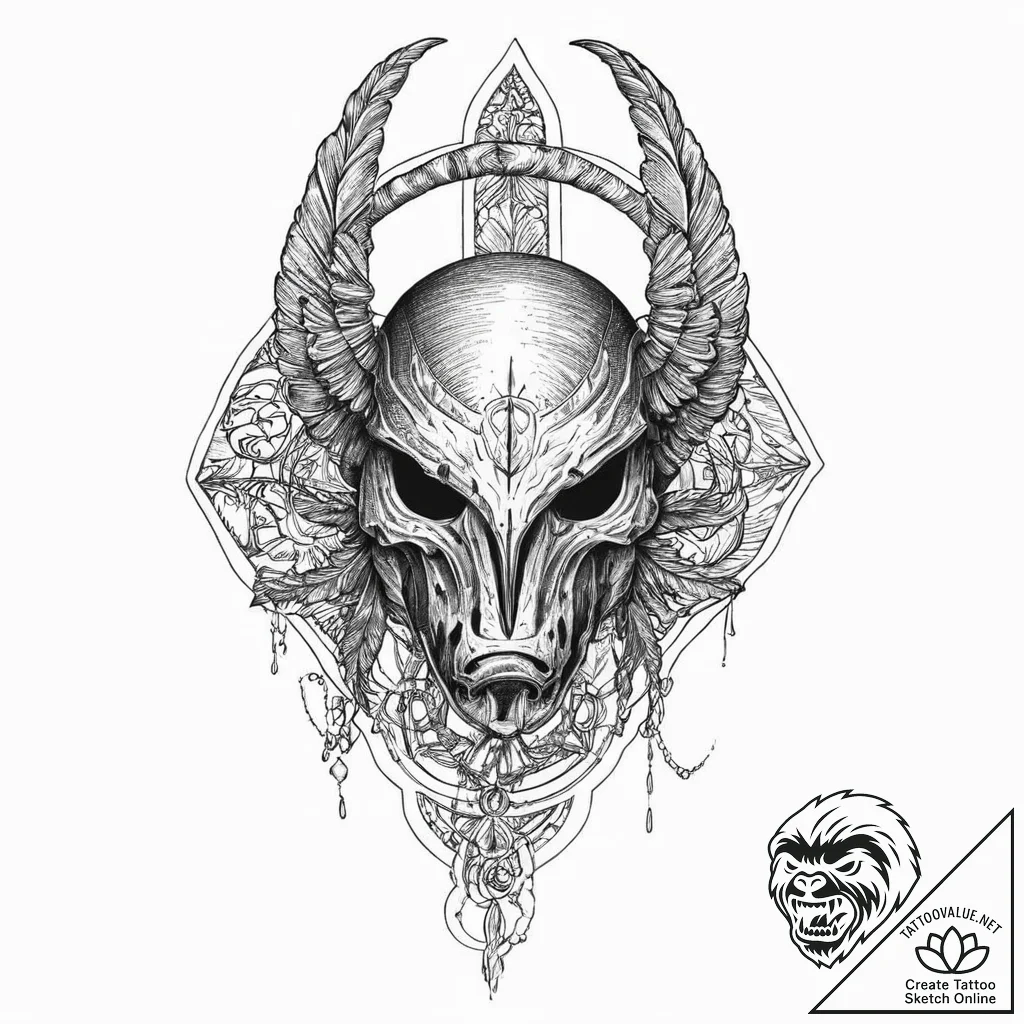Scarab mask beneath burning sky, artistic tat... - tattoo sketch (№1753702049_0, 28.07.2025 11:27) — tattoovalue.net