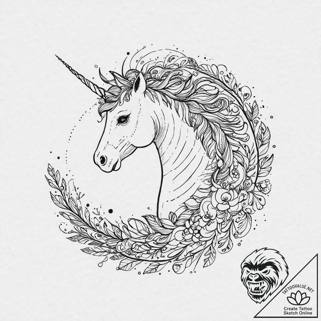 Unicorn with a horn of spiraling darkness, ta... - tattoo sketch (№1753702240_0, 28.07.2025 11:30) — tattoovalue.net