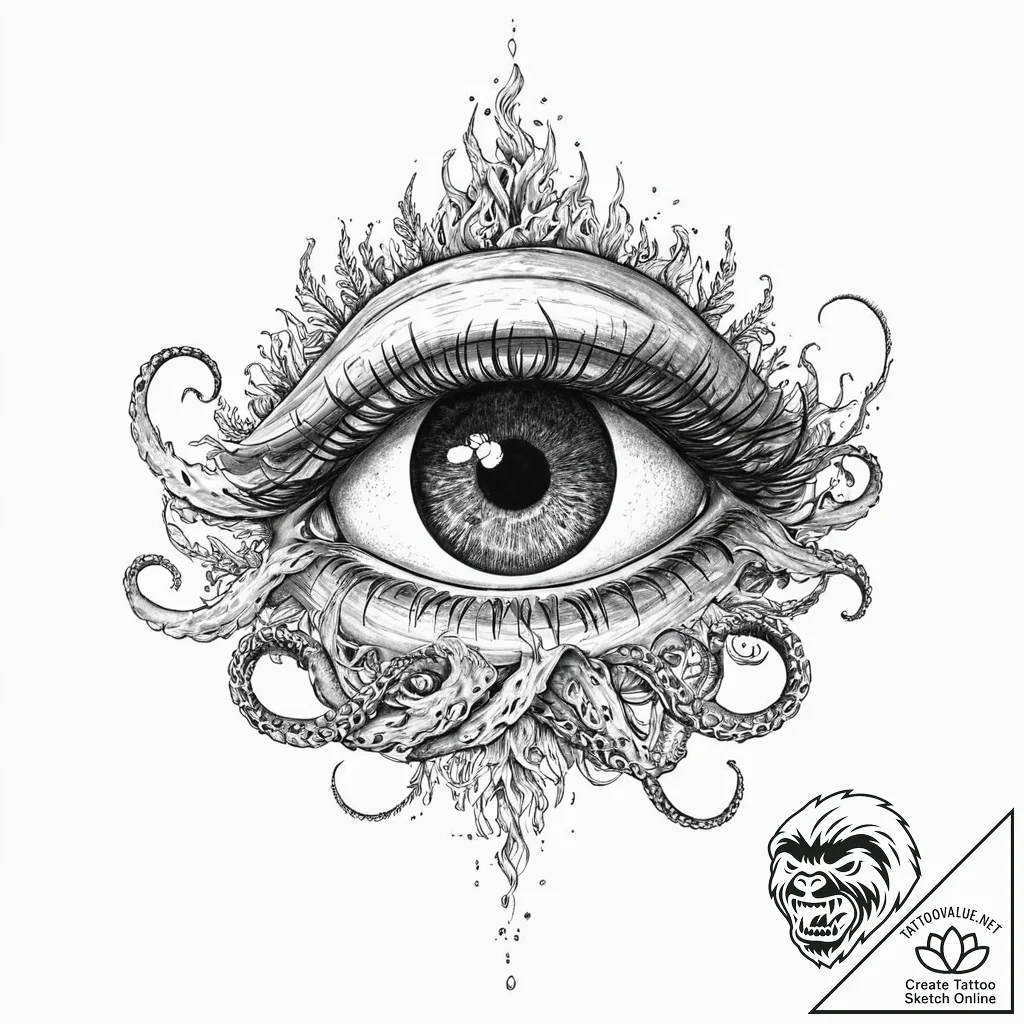 Kraken eye beneath frozen sea, ink illustrati... - tattoo sketch (№1753702431_0, 28.07.2025 11:33) — tattoovalue.net