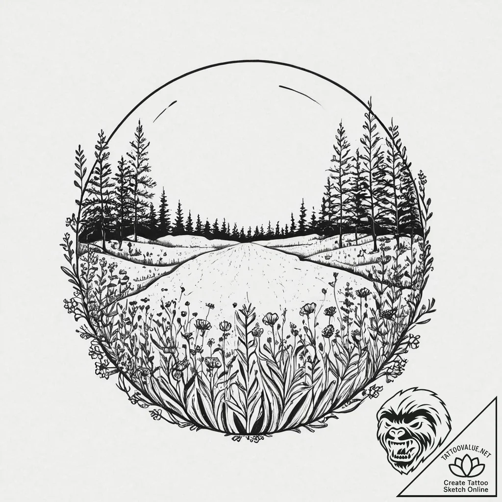 Crystal ball reflecting a field of wildflower... - tattoo sketch (№1753703408_0, 28.07.2025 11:50) — tattoovalue.net