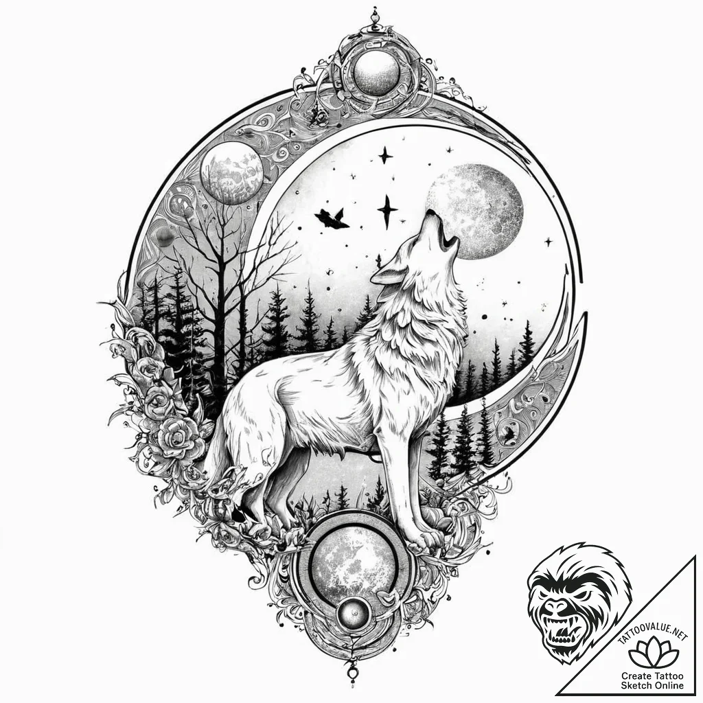 Apocalyptic wolf howling at crimson moon, ink... - tattoo sketch (№1753703606_0, 28.07.2025 11:53) — tattoovalue.net