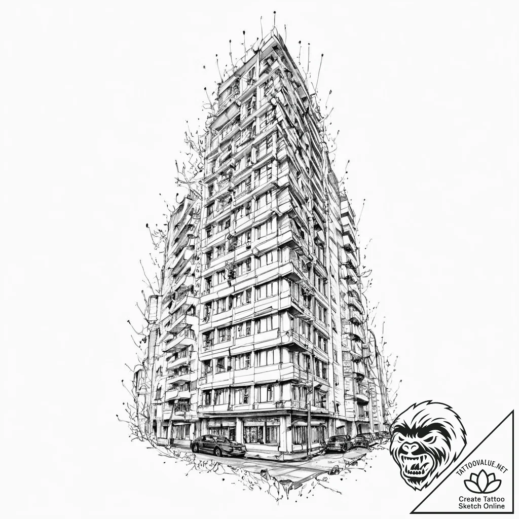 Empty high-rise building with a single, lit w... - tattoo sketch (№1753703814_0, 28.07.2025 11:56) — tattoovalue.net