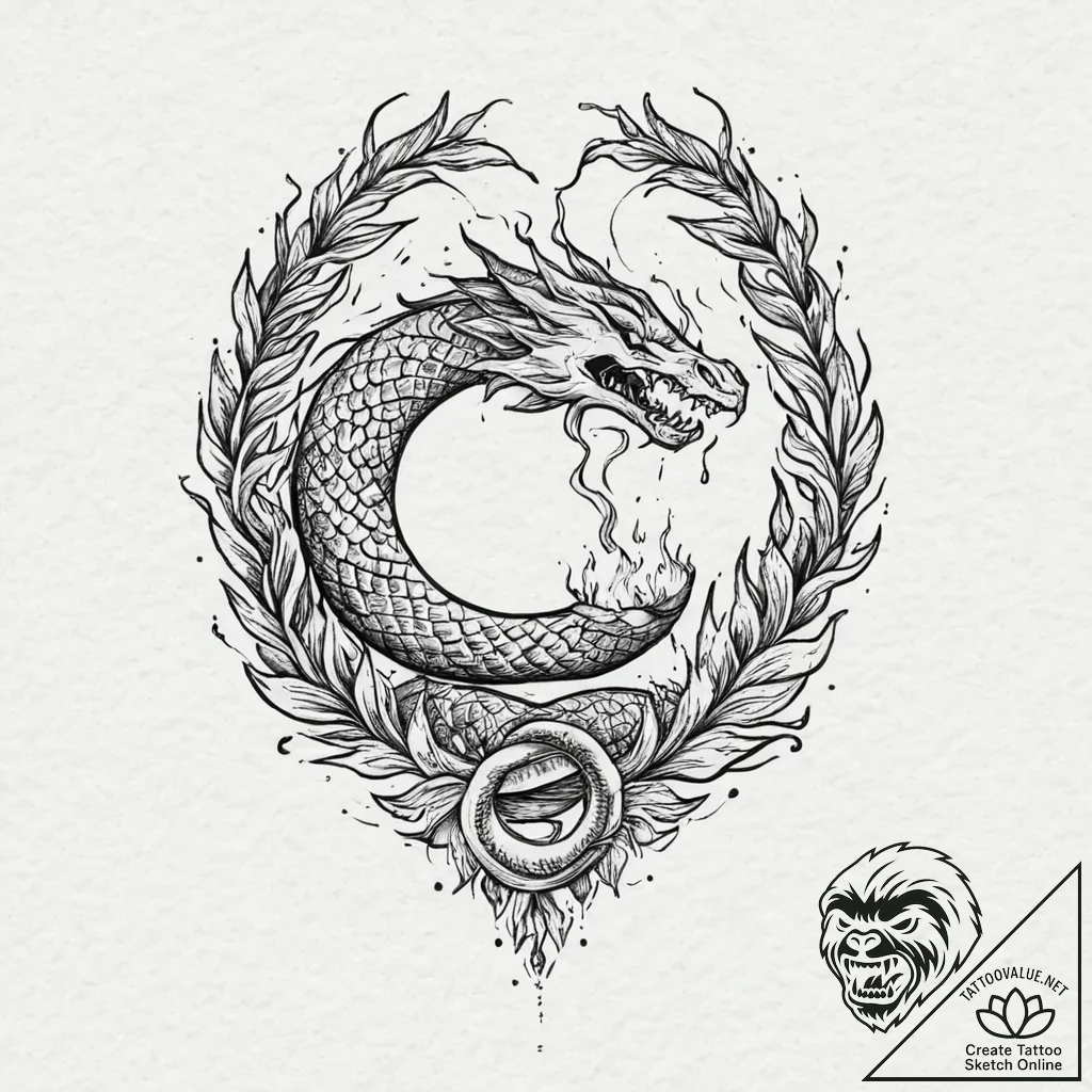 Lunar flames devouring serpent, ink illustrat... - tattoo sketch (№1753704426_0, 28.07.2025 12:07) — tattoovalue.net