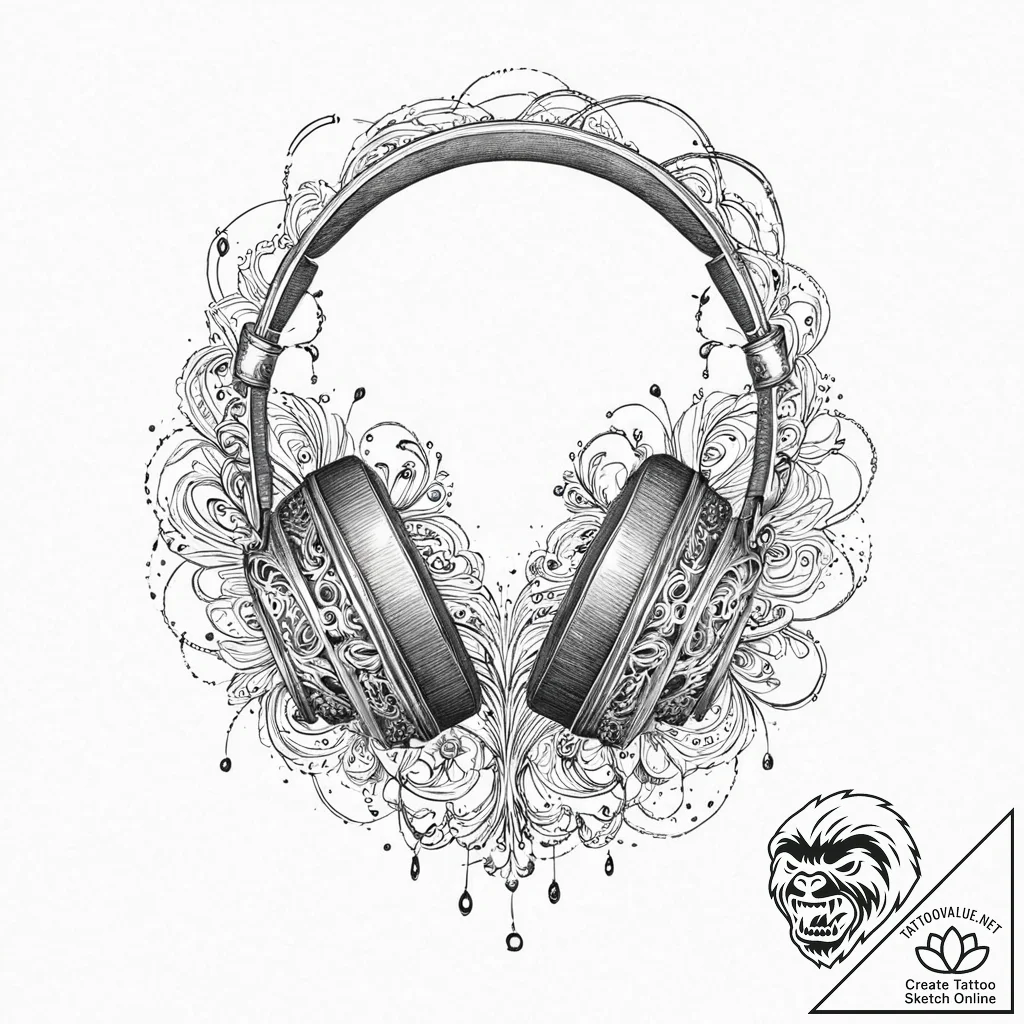 Headphones with visible sound waves flowing o... - tattoo sketch (№1753704626_0, 28.07.2025 12:10) — tattoovalue.net