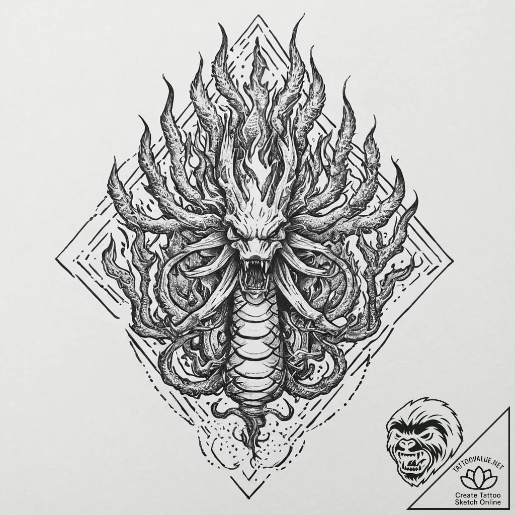 Hydra with heads of fire, ice, and shadow, ar... - tattoo sketch (№1753706042_0, 28.07.2025 12:34) — tattoovalue.net