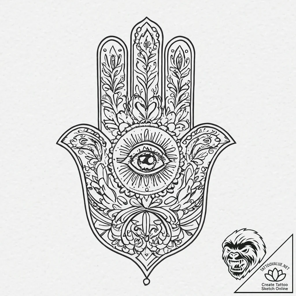 Tattoo design a traditional 'hamsa' hand with... - tattoo sketch (№1753706382_0, 28.07.2025 12:39) — tattoovalue.net