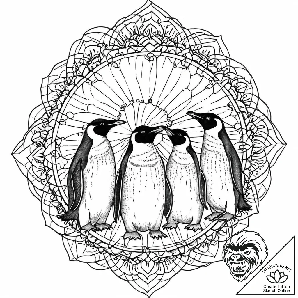 A group of penguins huddled together on an an... - tattoo sketch (№1753708620_0, 28.07.2025 13:17) — tattoovalue.net
