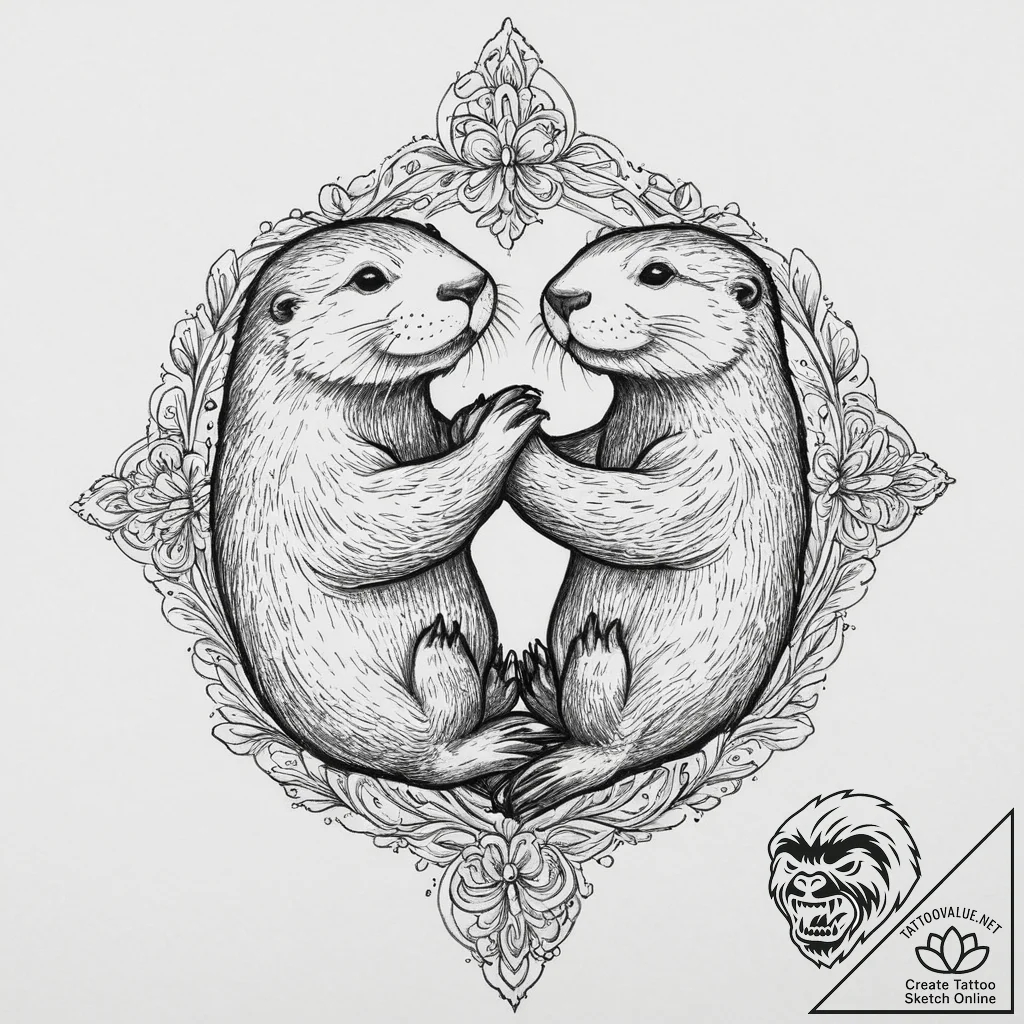 Tattoo design a pair of otters holding hands,... - tattoo sketch (№1753712776_0, 28.07.2025 14:26) — tattoovalue.net