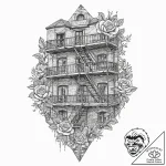 A fire escape on the side of a classic brick… – tattoo sketch (№1753712971_0, 28.07.2025 14:29) — tattoovalue.net