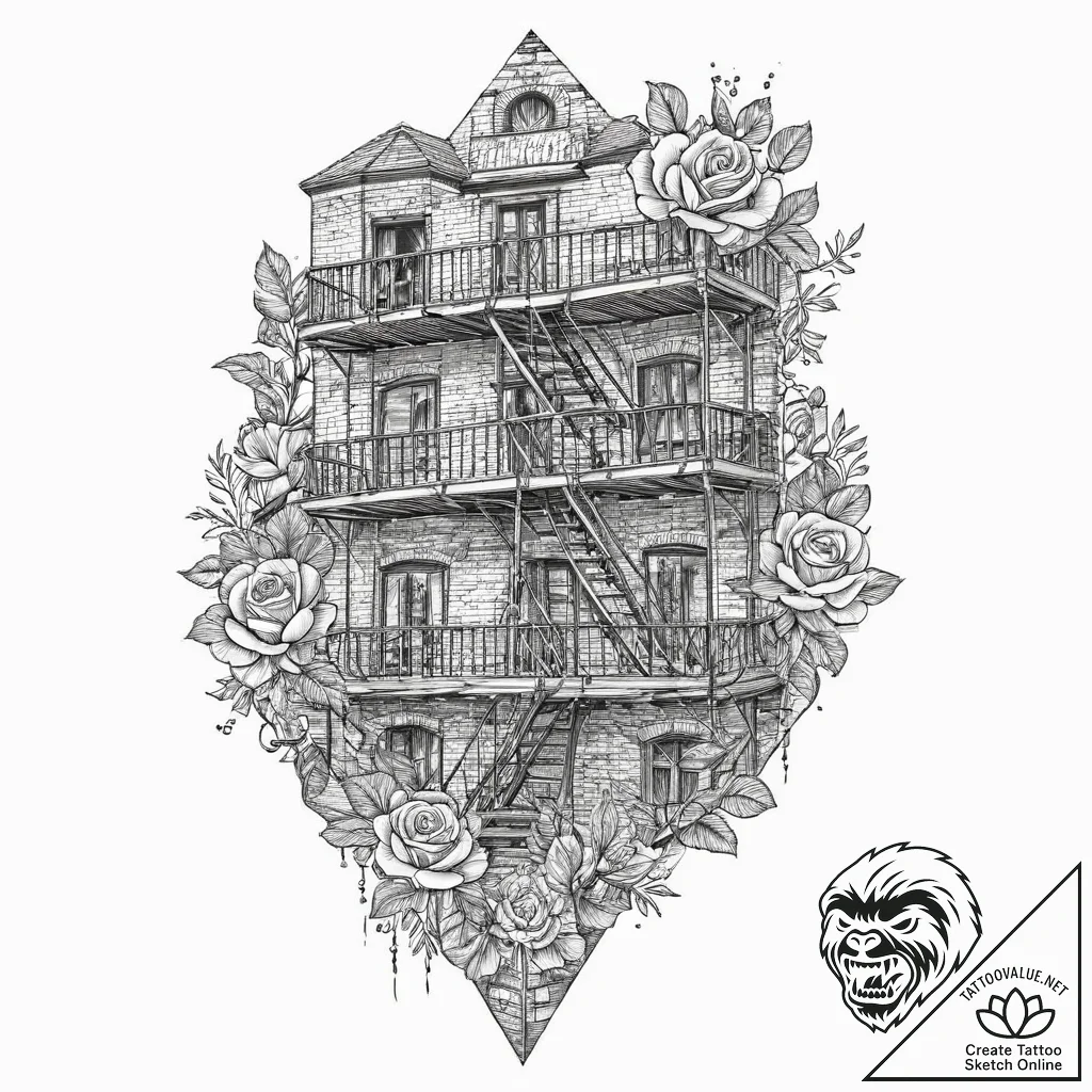 A fire escape on the side of a classic brick... - tattoo sketch (№1753712971_0, 28.07.2025 14:29) — tattoovalue.net