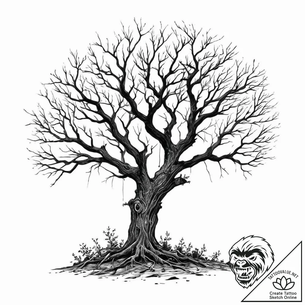 A silhouette of a gnarled, dead tree against... - tattoo sketch (№1753713362_0, 28.07.2025 14:36) — tattoovalue.net