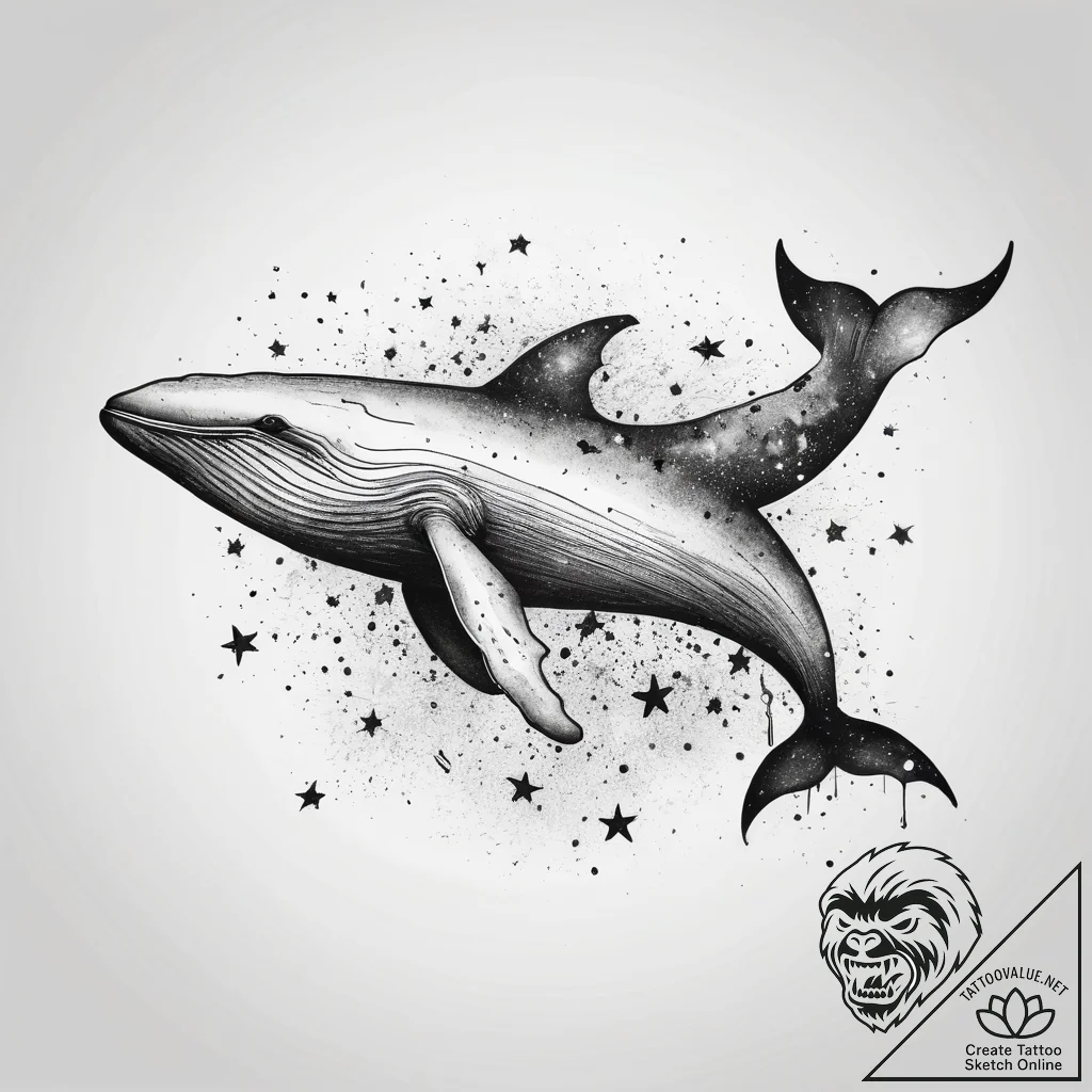 A whale silhouette filled with a starry sky,... - tattoo sketch (№1753716129_0, 28.07.2025 15:22) — tattoovalue.net