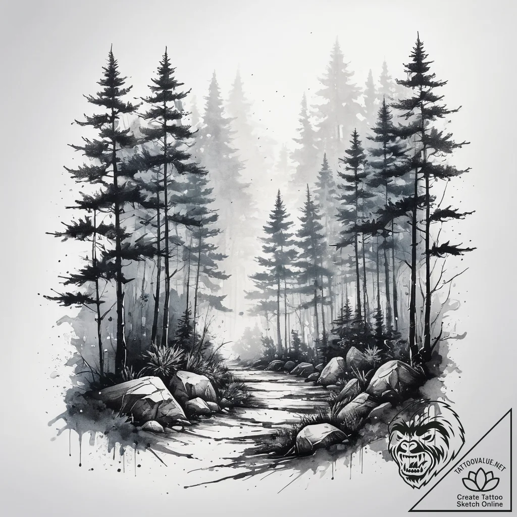 Tattoo design a misty, dreamlike pathway thro... - tattoo sketch (№1753716729_0, 28.07.2025 15:32) — tattoovalue.net