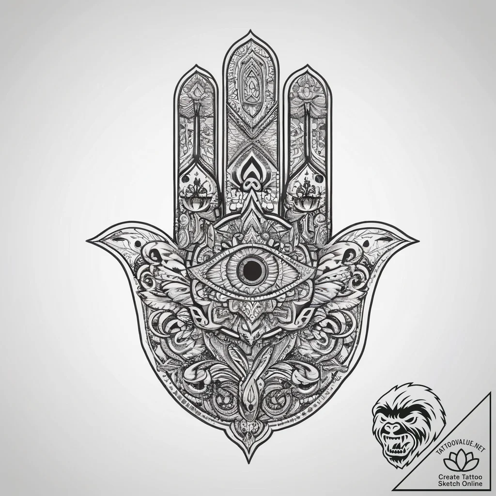 Tattoo design a traditional 'hamsa' hand with... - tattoo sketch (№1753737935_0, 28.07.2025 21:25) — tattoovalue.net