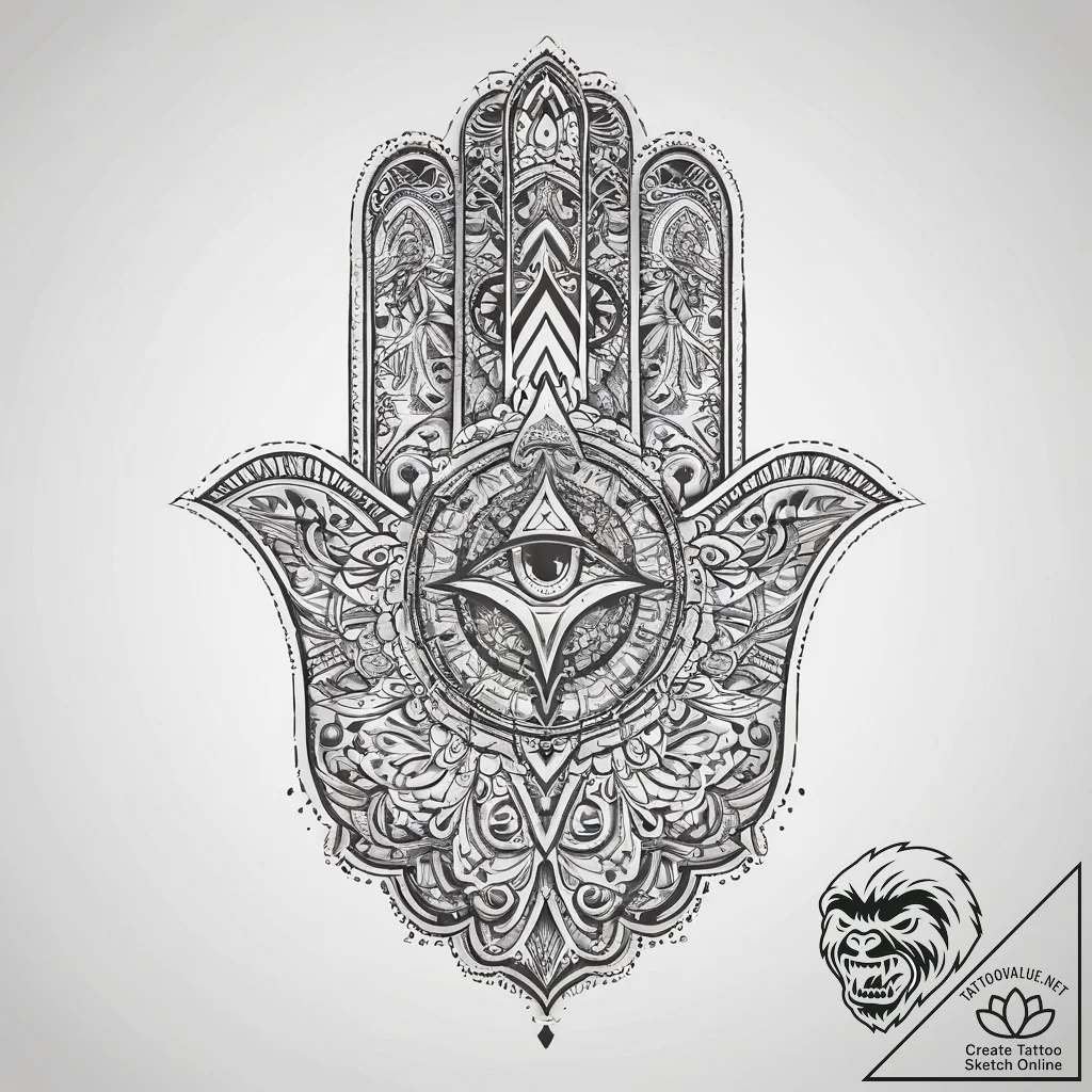 Tattoo design a traditional 'hamsa' hand with... - tattoo sketch (№1753738000_0, 28.07.2025 21:26) — tattoovalue.net
