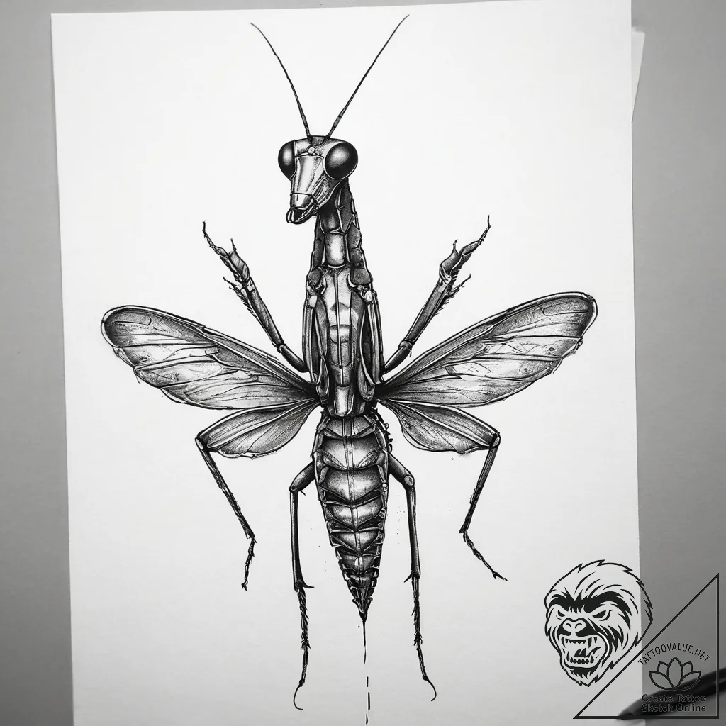 A praying mantis in a martial arts pose, tatt... - tattoo sketch (№1753738579_0, 28.07.2025 21:36) — tattoovalue.net