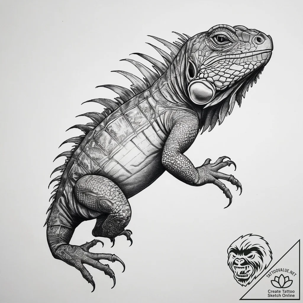 Iguana, tattoo line art, realistic black and... - tattoo sketch (№1753739362_0, 28.07.2025 21:49) — tattoovalue.net