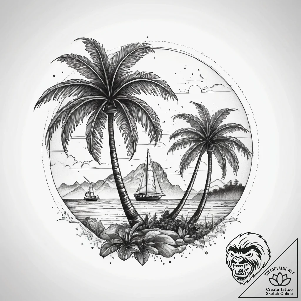 Tattoo design a tropical island with palm tre... - tattoo sketch (№1753742096_0, 28.07.2025 22:34) — tattoovalue.net