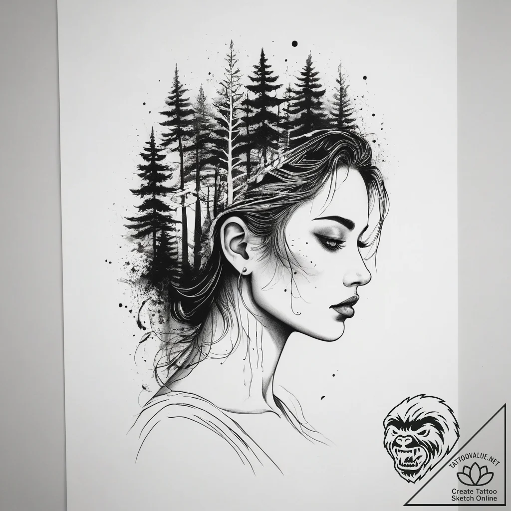A human silhouette filled with a forest, tatt... - tattoo sketch (№1753743675_0, 28.07.2025 23:01) — tattoovalue.net