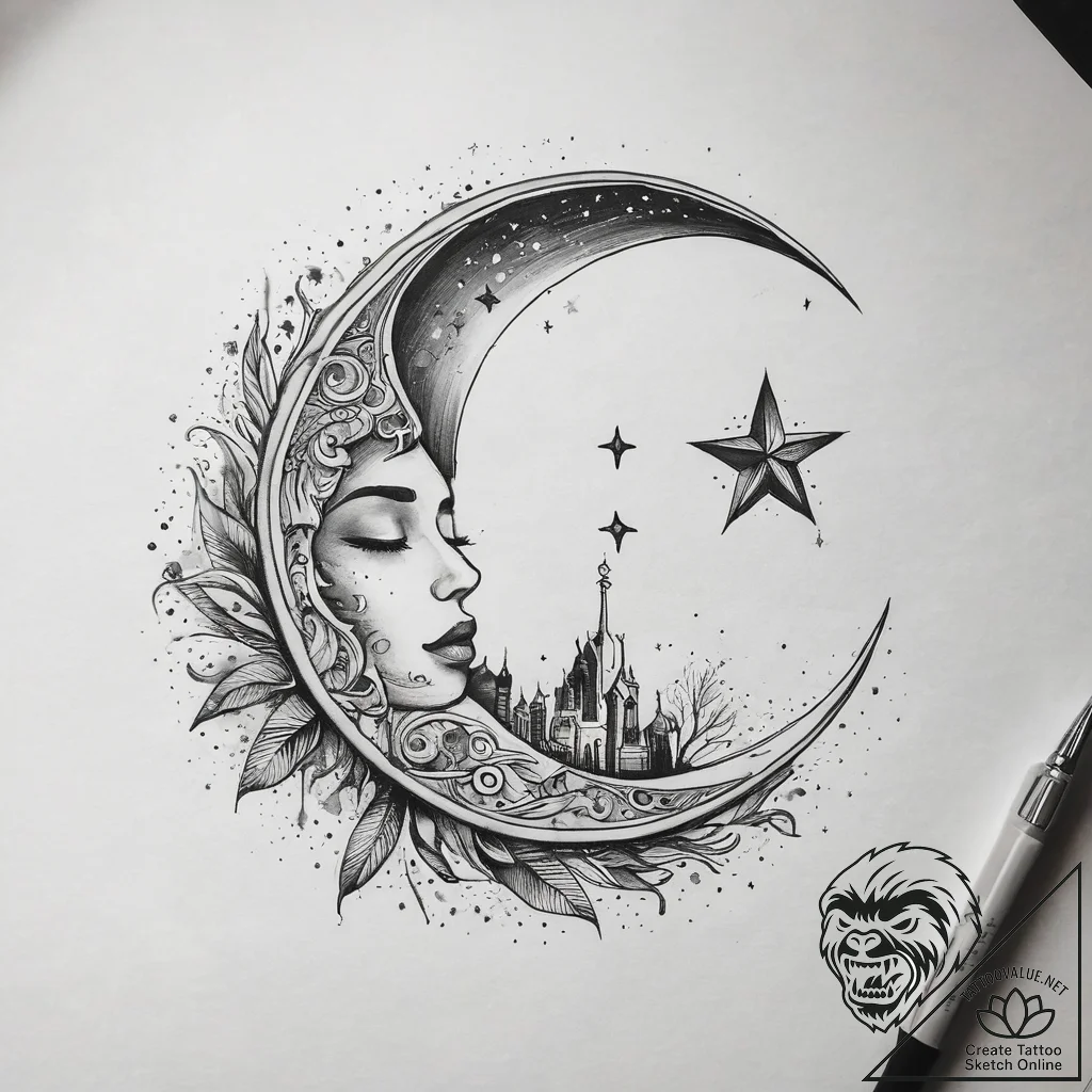 Tattoo sketch a crescent moon on one, a tiny... - tattoo sketch (№1753746624_0, 28.07.2025 23:50) — tattoovalue.net
