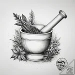 A detailed shot of spices in a mortar and pes… – tattoo sketch (№1753748583_0, 29.07.2025 00:23) — tattoovalue.net