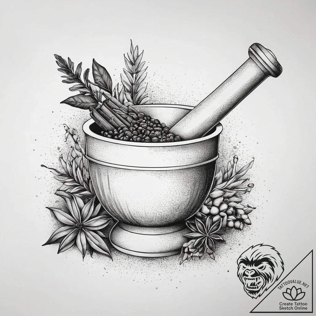 A detailed shot of spices in a mortar and pes... - tattoo sketch (№1753748583_0, 29.07.2025 00:23) — tattoovalue.net