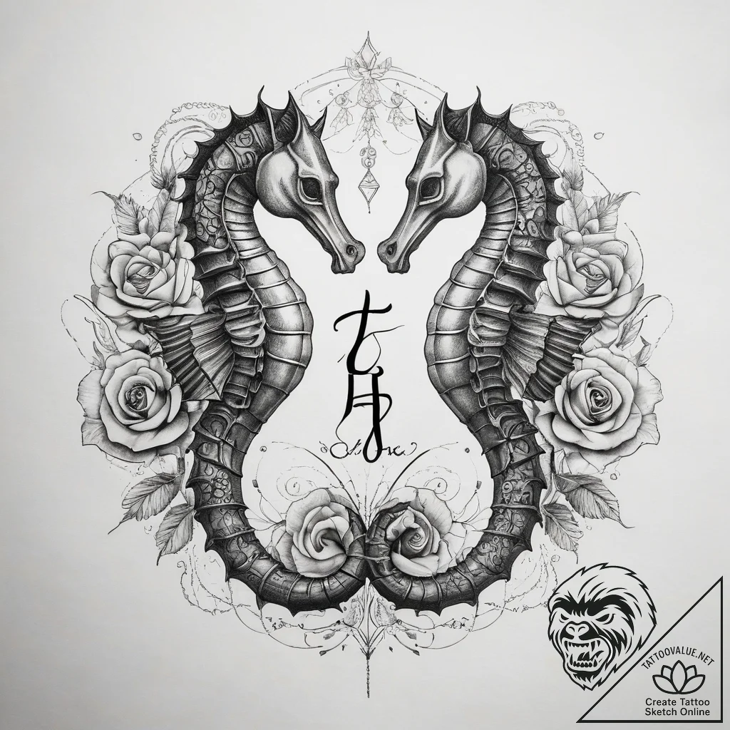 Tattoo sketch a pair of seahorses, their tail... - tattoo sketch (№1753749555_0, 29.07.2025 00:39) — tattoovalue.net