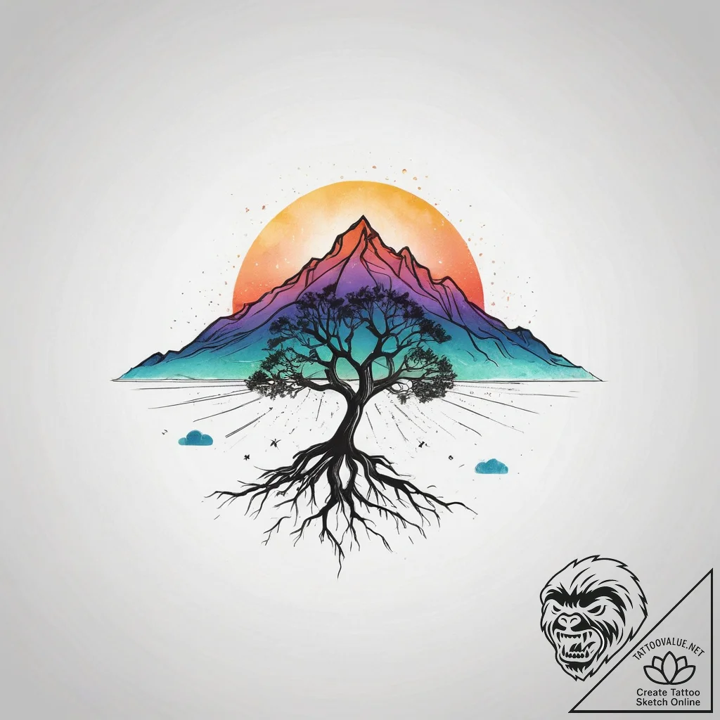 Tattoo design a mountain range with a lone tr... - tattoo sketch (№1753750530_0, 29.07.2025 00:55) — tattoovalue.net