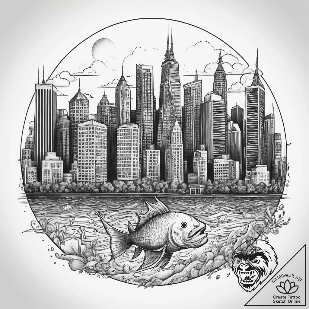 A fish-eye lens view of skyscrapers in a fina... - tattoo sketch (№1753750725_0, 29.07.2025 00:58) — tattoovalue.net