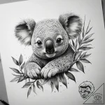 A sleepy koala clinging to a eucalyptus tree… – tattoo sketch (№1753751315_0, 29.07.2025 01:08) — tattoovalue.net