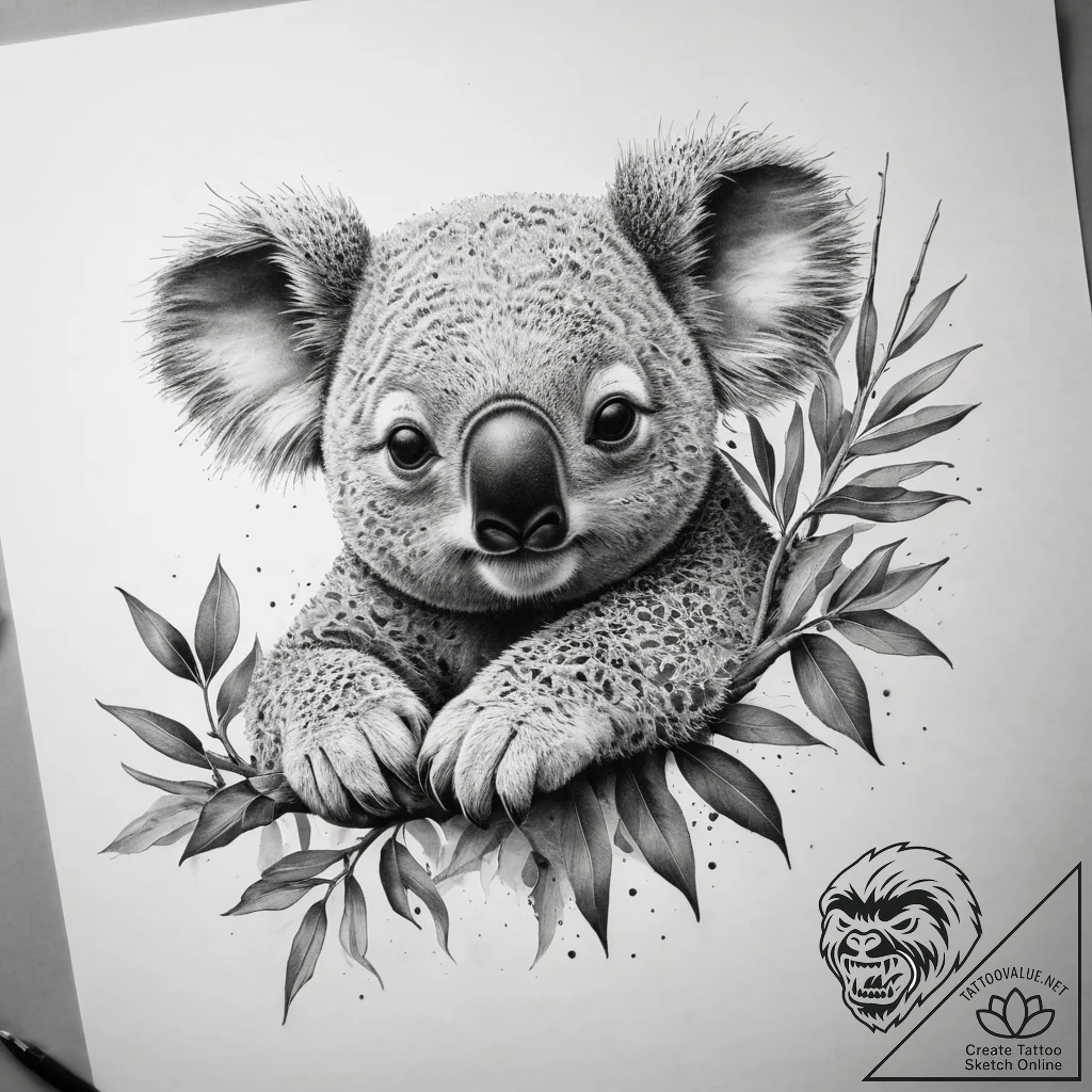 A sleepy koala clinging to a eucalyptus tree... - tattoo sketch (№1753751315_0, 29.07.2025 01:08) — tattoovalue.net