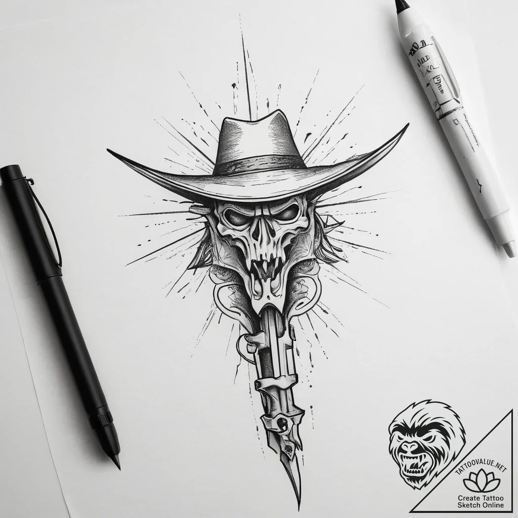 Wild west gunslinger duel, tattoo flash sheet... - tattoo sketch (№1753752488_0, 29.07.2025 01:28) — tattoovalue.net