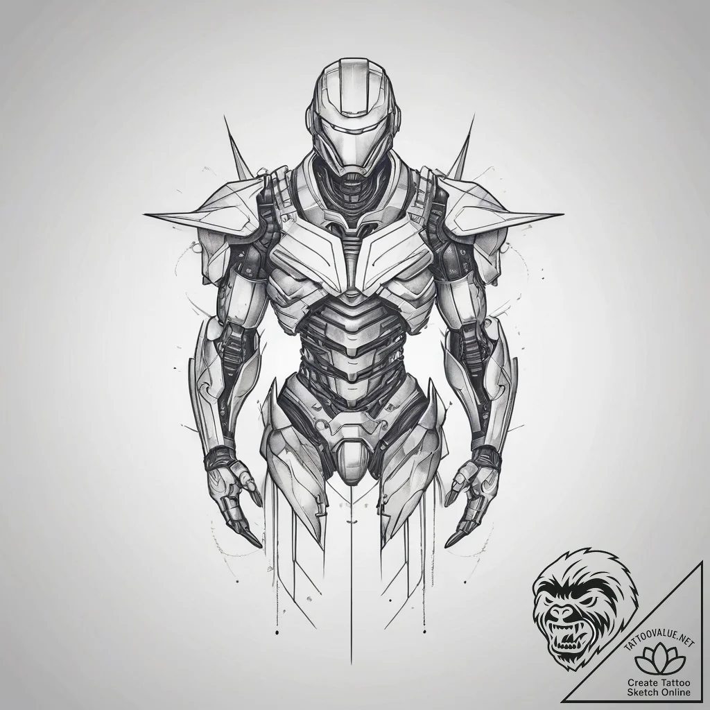 Mech suit, concept art for tattoo, minimalist... - tattoo sketch (№1753754252_0, 29.07.2025 01:57) — tattoovalue.net