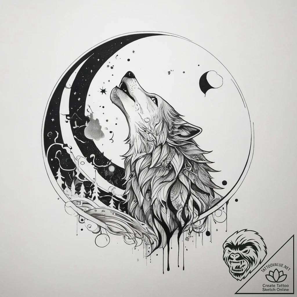 Tattoo sketch: a stylized wolf howling at a l... - tattoo sketch (№1753755814_0, 29.07.2025 02:23) — tattoovalue.net