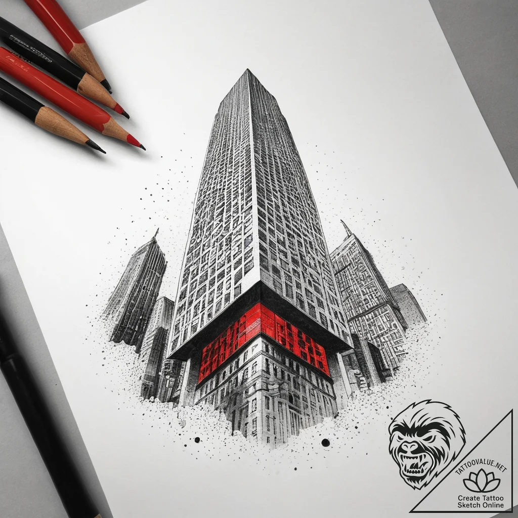 A fish-eye lens view of skyscrapers in a fina... - tattoo sketch (№1753756791_0, 29.07.2025 02:39) — tattoovalue.net