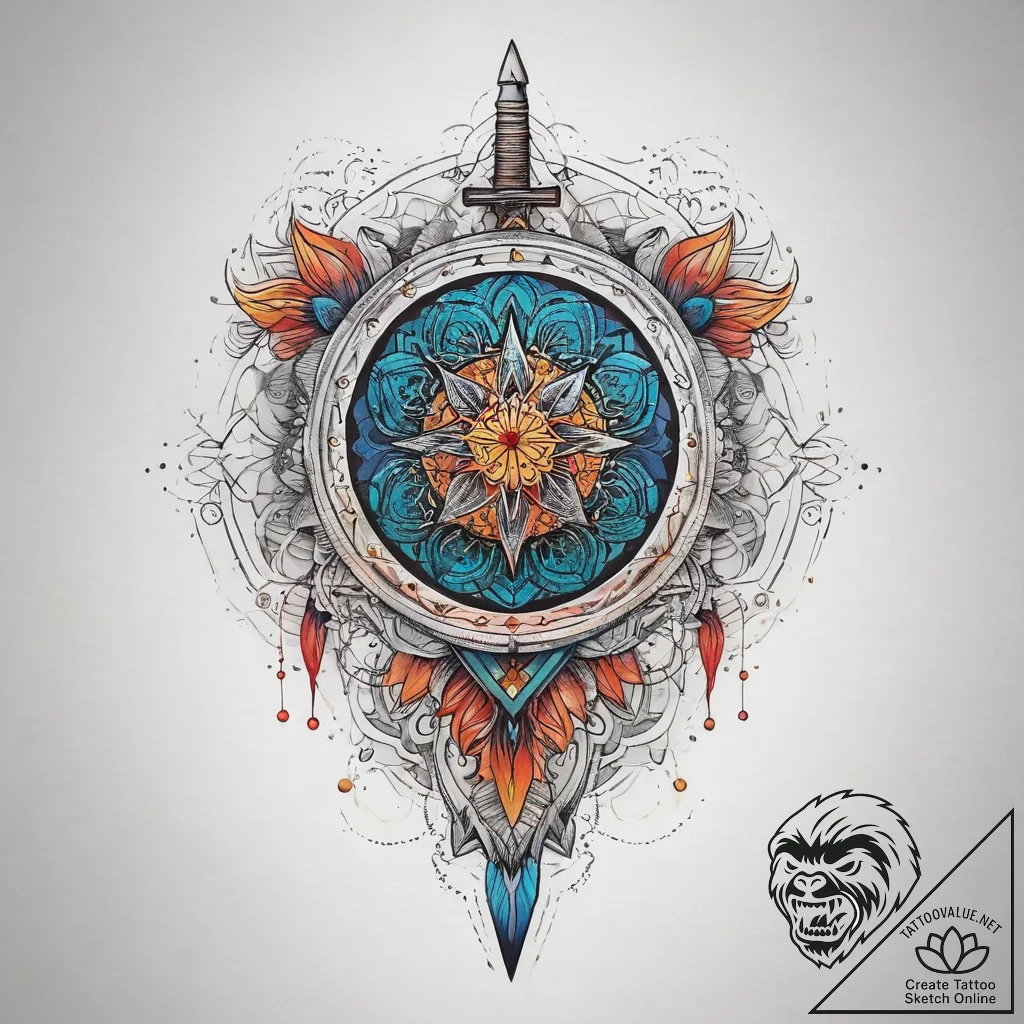 Shield and sword, ink illustration for tattoo... - tattoo sketch (№1753757375_0, 29.07.2025 02:49) — tattoovalue.net