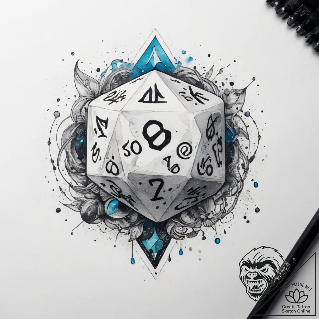 Tattoo sketch a stylized d20 dice rolling mid... - tattoo sketch (№1753758933_0, 29.07.2025 03:15) — tattoovalue.net