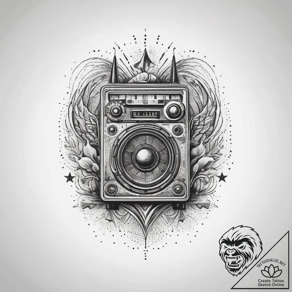A vintage radio broadcasting sound waves and... - tattoo sketch (№1753761686_0, 29.07.2025 04:01) — tattoovalue.net