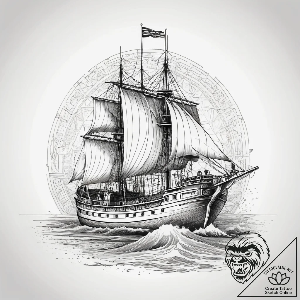 A greek trireme ship, ink illustration for ta... - tattoo sketch (№1753762271_0, 29.07.2025 04:11) — tattoovalue.net