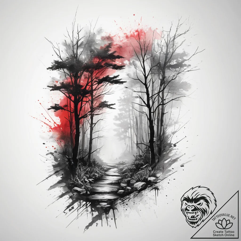 Tattoo design a misty, dreamlike pathway thro... - tattoo sketch (№1753763447_0, 29.07.2025 04:30) — tattoovalue.net