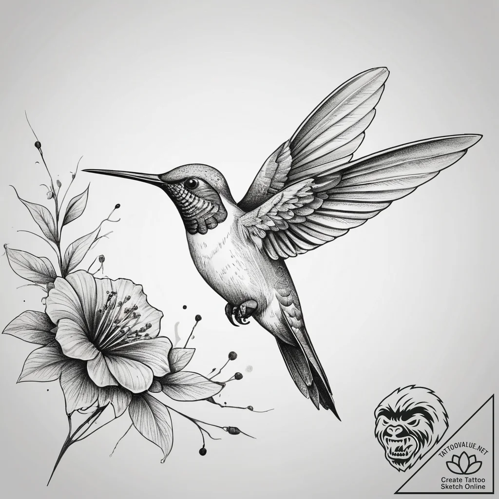 A tiny, colorful hummingbird hovering next to... - tattoo sketch (№1753764808_0, 29.07.2025 04:53) — tattoovalue.net