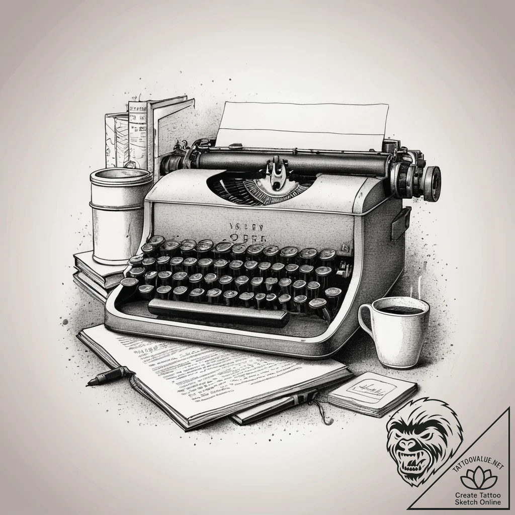 A cozy, messy writer's desk with a vintage ty... - tattoo sketch (№1753765393_0, 29.07.2025 05:03) — tattoovalue.net