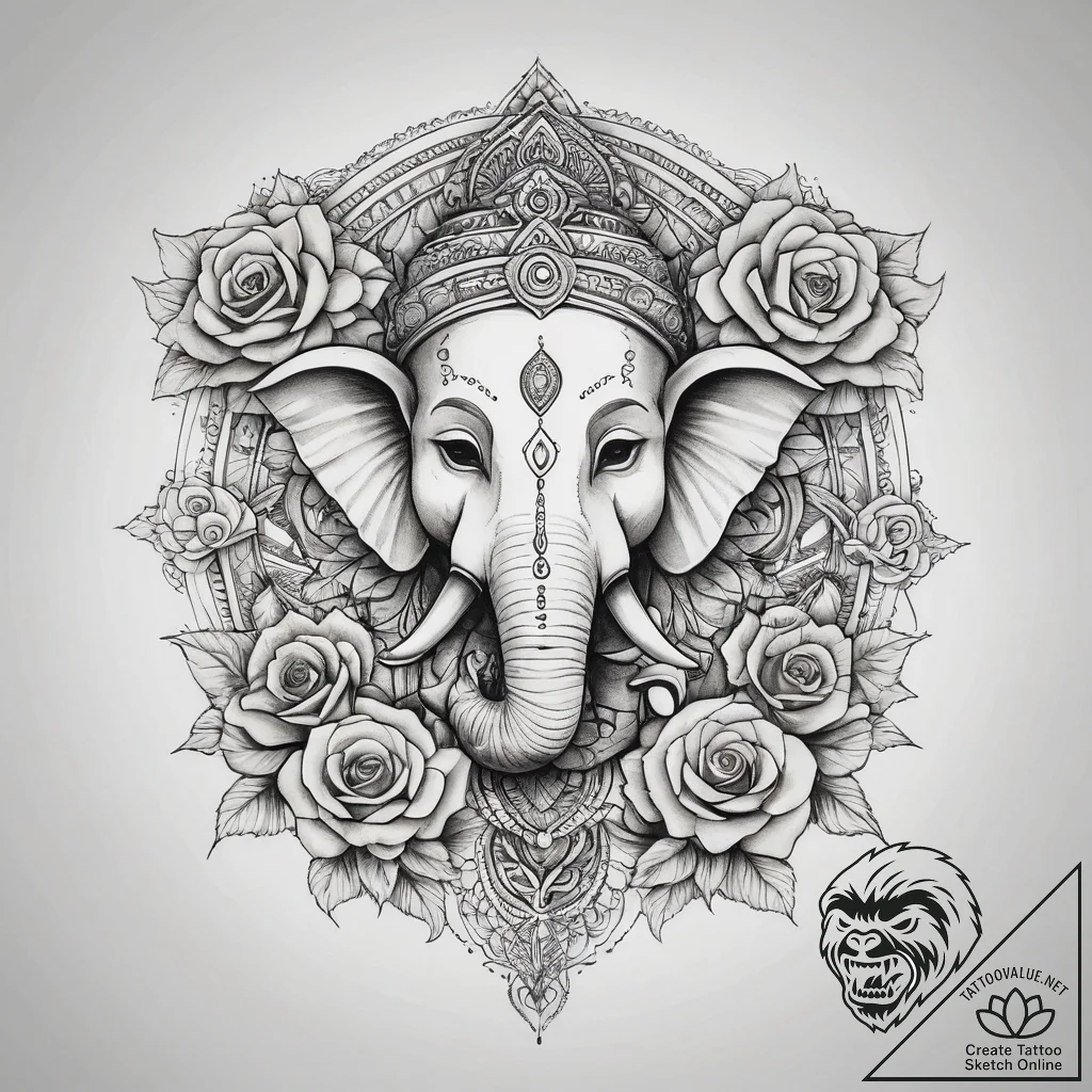 Ganesha, tattoo drawing outline, sepia tone s... - tattoo sketch (№1753767151_0, 29.07.2025 05:32) — tattoovalue.net