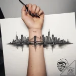 A view of a city skyline from across a river,… – tattoo sketch (№1753767350_0, 29.07.2025 05:35) — tattoovalue.net