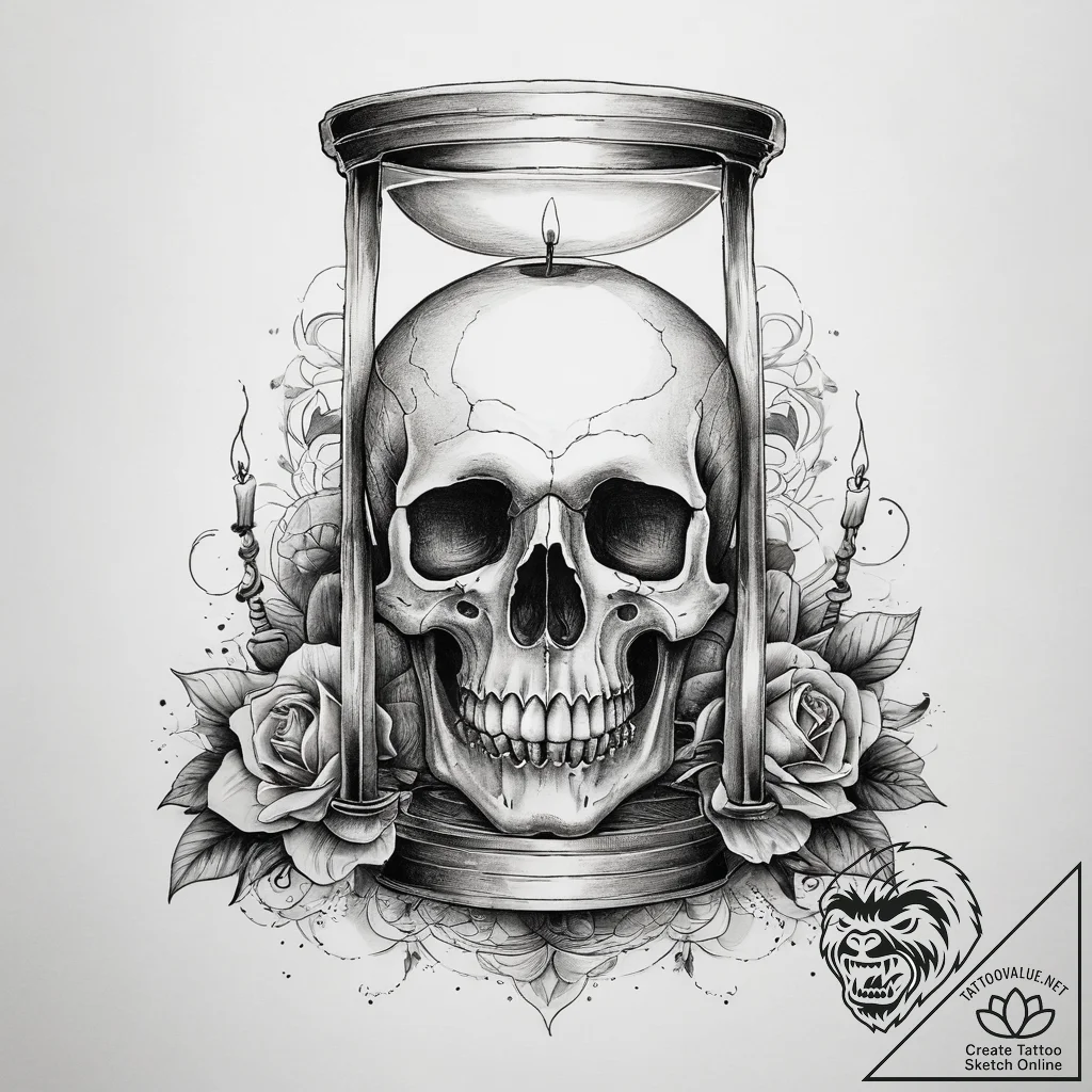 A memento mori still life (skull, hourglass,... - tattoo sketch (№1753768128_0, 29.07.2025 05:48) — tattoovalue.net